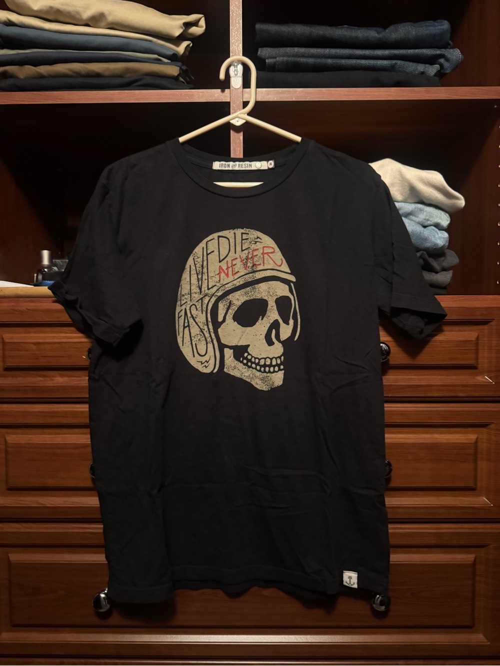 Iron & Resin Black Skull Helmet Graphic Tee with Red Accent
